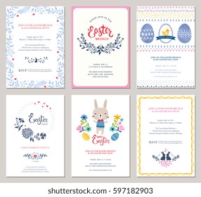 Vector Easter Party Invitations and Greeting Cards with eggs, flowers, floral wreath and frames, rabbit and typographic design.