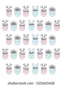Vector Easter pattern with colored eggs. Cute animals on a white background. Easter eggs in the form of animals.