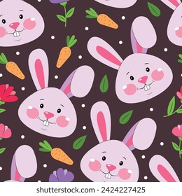 Vector Easter pattern design with cute bunnies, flowers and carrots on dark background. Easter wrapping paper, gift paper, textile design for Easter holiday. 