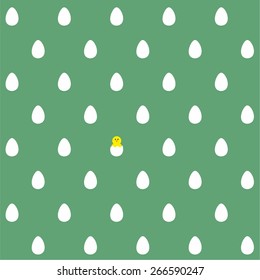 Vector easter pattern with eggs and one little chicken on green background