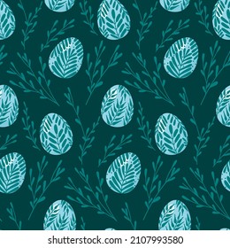Vector Easter pattern with eggs surrounded by branches. Patterns in blue-green tones. Seamless background for fabric, wallpaper, wrapping paper, stationery. 