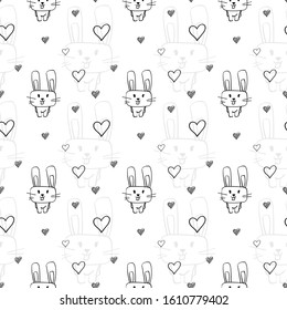 Vector easter pattern. Hare and hearts line by hand on a white background. Easter bunnies for design of packaging, cards, textiles