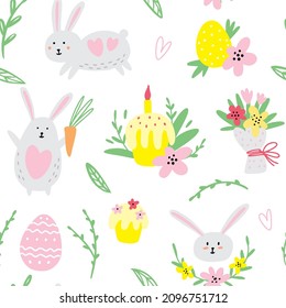 Vector Easter pattern with rabbits, eggs and cakes. Vector illustration.