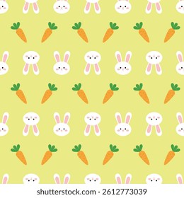 Vector Easter pattern with white rabbits and carrots on a yellow background