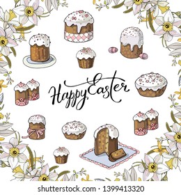 Vector Easter picture with cakes. Easter theme with lettering and floral romantic elements on white background