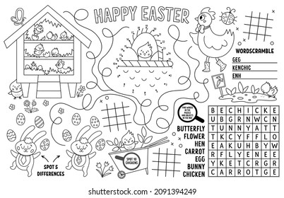 Vektor-Osterplatzierung für Kinder. Frühlingsferien druckbare Aktivitätenmatte mit Labyrinth, tic Tac Zehendiagramme, verbinden die Punkte, finden Sie Unterschied. Schwarz-Weiß-Spielmatte oder Farbseite