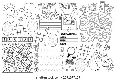 Vektor-Osterplatzierung für Kinder. Frühlingsferien druckbare Aktivitätenmatte mit Labyrinth, tic Tac Zehendiagramme, verbinden die Punkte, finden Sie Unterschied. Schwarz-Weiß-Spielmatte oder Farbseite
