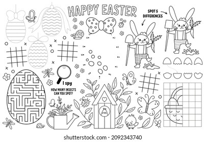 Vector Easter placemat for kids. Spring holiday printable activity mat with maze, tic tac toe charts, connect the dots, find difference. Black and white play mat or coloring page