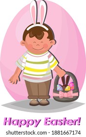 Vector easter post card with text greating "Happy easter". Boy wears bunny ears on a pink eggs background. Boy hold in hand easter basket with easter eggs