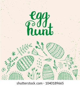 Vector Easter poster, card, banner. Brushpen lettering with hand drawn flower and easter eggs doodles, egg hunt