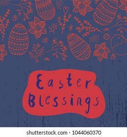 Vector Easter poster, card, banner. Brushpen lettering with hand drawn flower and easter eggs doodles, happy Easter