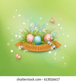 Vector Easter Poster. Happy Easter Card with banner, grass, eggs, spring flowers and butterflies
