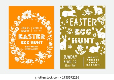 Vector Easter poster templates with lettering and rabbits. Paper cut design