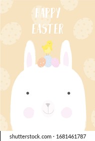Vector Easter rabbit with chicken and eggs on the head flat style poster card. Beige holiday card. The inscription "Happy Easter"