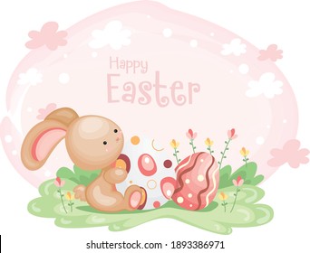 vector Easter rabbit with colorful Easter egg sitting on the green grass with flower
