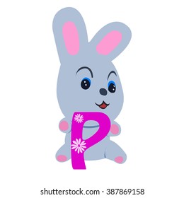 Vector Easter rabbit holding letter P on white background.Used as a media of learning for children.SET 2