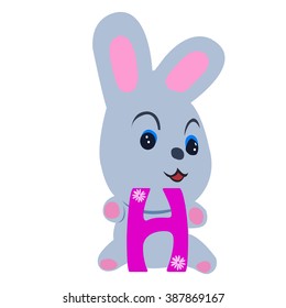 Vector Easter rabbit holding letter H on white background.Used as a media of learning for children.SET 2
