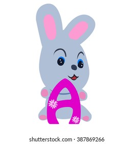 Vector Easter rabbit holding letter A on white background.Used as a media of learning for children.SET 2