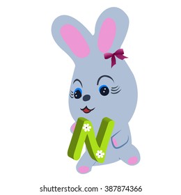Vector Easter rabbit holding letter N on white background.Used as a media of learning for children.SET 3