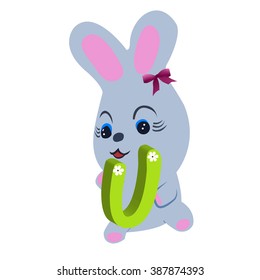 Vector Easter rabbit holding letter U on white background.Used as a media of learning for children.SET 3