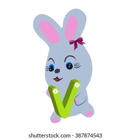 Vector Easter rabbit holding letter V on white background.Used as a media of learning for children.SET 3