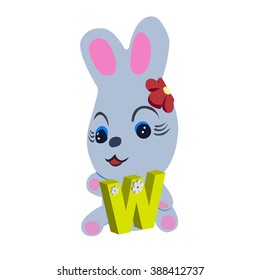 Vector Easter rabbit holding letter W on white background.Used as a media of learning for children.SET 4