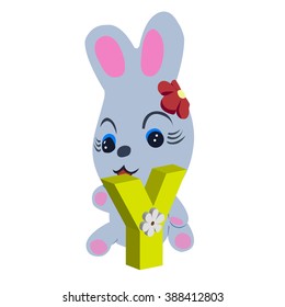 Vector Easter rabbit holding letter Y on white background.Used as a media of learning for children.SET 4