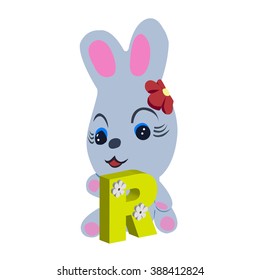 Vector Easter rabbit holding letter R on white background.Used as a media of learning for children.SET 4
