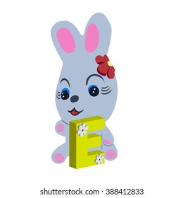 Vector Easter rabbit holding letter E on white background.Used as a media of learning for children.SET 4