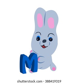 Vector Easter rabbit holding letter M on white background.Used as a media of learning for children.SET 5