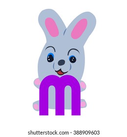 Vector Easter rabbit holding letter M on white background.Used as a media of learning for children.SET 6