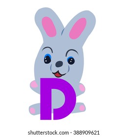 Vector Easter rabbit holding letter D on white background.Used as a media of learning for children.SET 6
