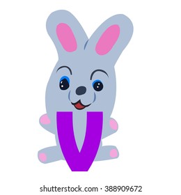 Vector Easter rabbit holding letter V on white background.Used as a media of learning for children.SET 6