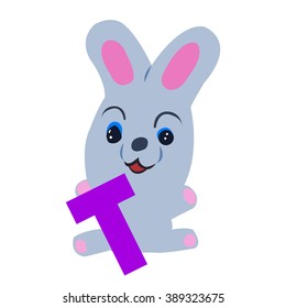 Vector Easter rabbit holding letter T on white background.Used as a media of learning for children.SET 6