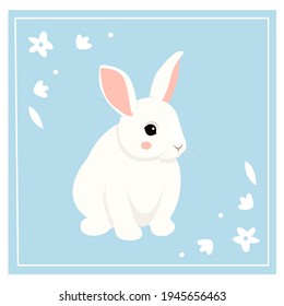 Vector Easter rabbit on blue background with white flowers frame