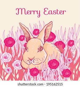 vector easter rabbit with spring fresh pink flowers in bloom