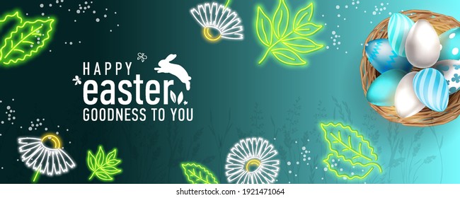 Vector Easter realistic eggs in a basket with neon flowers, leaves on a background isolated on a blue background. Congratulations in a flat style.An element for festive decoration.