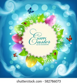Vector for Easter with a round card for text, eggs, grass and flowers around on a background of blue sky and clouds
