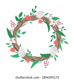 Vector Easter round decorative element. Cute bright composition with eggs, plants and leaves. Spring wreath icon. Holiday circle shaped floral design with first flowers, twigs and colored eggs.
