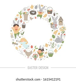 Vector Easter round frame with place for text isolated on white background. Christian holiday themed banner or invitation framed in circle. Cute funny spring card template