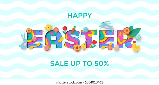 Vector Easter sale banner of paper cut text lettering with Easter papercut egg, bunny, chick and chiken and spring cherry and tulip flowers on blue wave pattern background for banner template