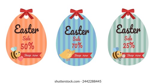 Vector Easter sale banners with cute cartoon characters bee and chicken