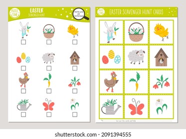 Vector Easter Scavenger Hunt Cards Set. Seek And Find Game With Cute Bunny, Hen, Chicken, Easter Eggs For Kids. Spring Holiday Searching Activity. Simple Educational Printable Worksheet
