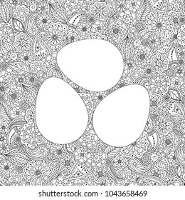 Vector Easter seamless floral doodle background. Easter invitation card in three eggs shape. Floral coloring page book anti stress for adult