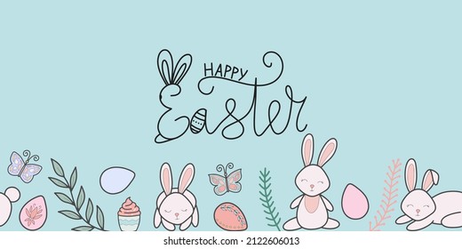 Vector easter seamless frame with lettering illustration. Decoration with bunny, branches, eggs and butterflies. For greeting cards, invitations, banners and holiday posters.