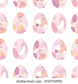 Vector Easter seamless pattern with abstract Easter eggs. Beige, pink, ivory pastel colors and linear design. For postcards, wrapping paper.