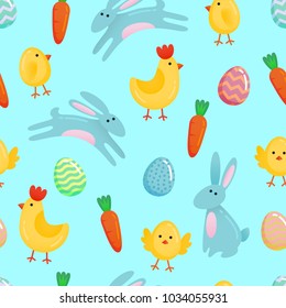 Vector Easter seamless pattern background with cute paper cut colored ornate eggs, cartoon chick and chiken, Easter banny, rabbit on fresh blue green background. Funny Easter pattern template