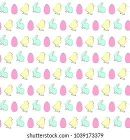 Vector Easter seamless pattern background with cute colored ornate eggs, cartoon chick and Easter banny, rabbit isolated on white background. Funny cartoon Easter pattern template