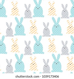 Vector Easter seamless pattern background with cute paper cut colored Easter banny, rabbit isolated on white background. Funny cartoon Easter pattern template