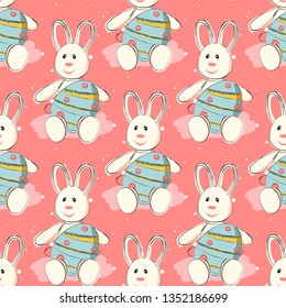 Vector Easter seamless pattern background with cute paper cut colored ornate eggs, Easter banny. Funny cartoon Easter pattern template